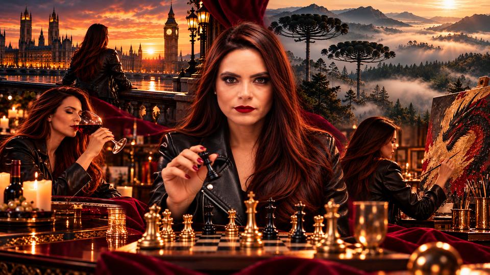 Capa do Programa Coroa da Rainha: mulher de cabelos ruivos e jaqueta de couro segurando uma peça de xadrez diante de um tabuleiro dourado